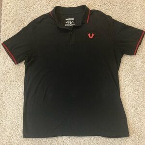 True Religion Black POLO SHIRT with Red Logo on back. Size 2XL.